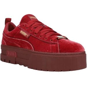 PUMA Womens Mayze Velvet Logo Platform Sneakers Shoes Casual - Red